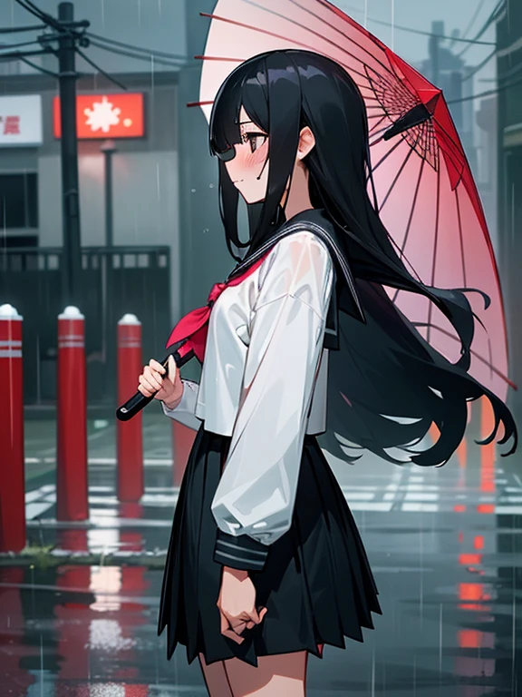 1 girl,solo,long hair, black hair, serafuku,long sleeves,In the rain, ((flustered)), (run:1.0), residential area,Residential area in Japan,I don't have an umbrella,wet,arm up,from side,