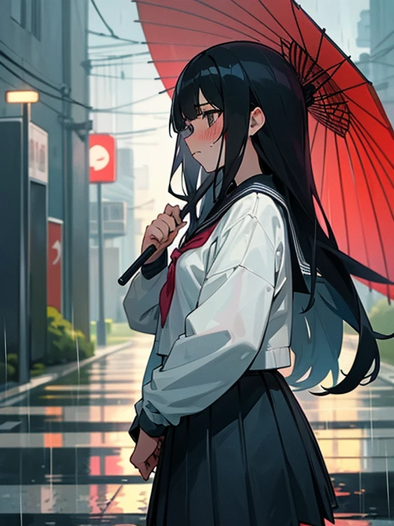 1 girl,solo,long hair, black hair, serafuku,long sleeves,In the rain, ((flustered)), (run:1.0), residential area,Residential area in Japan,I don't have an umbrella,wet,arm up,from side,