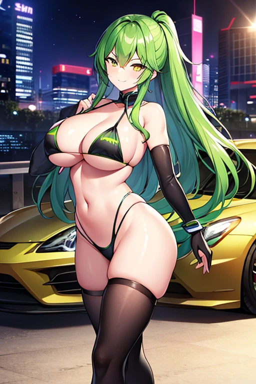 1girl, large breasts, breasts, wide hips, green hair, highleg bikini, bikini, black bikini, yellow eyes, smirk, smile, car, futuristic, science-fiction, tech, neon, neon trim, shoes, machinery, long hair, thighhighs