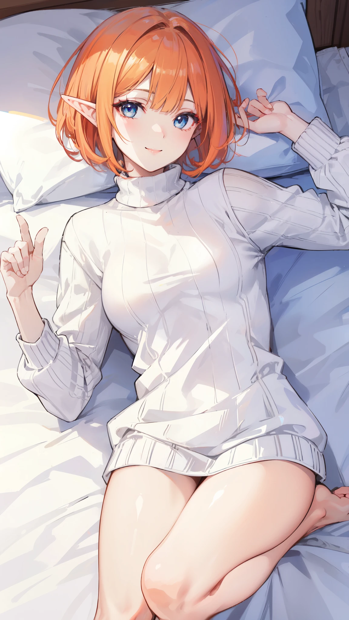 ((masterpiece )), (top quality), (best quality), ((ultra-detailed, 8k quality)), Cinematic lighting, (detailed line art), a elf girl with delicate skin, smiling and looking directly at the viewer, lying on the bed in a turtleneck sweater, the sunlight gives this scene a warm touch, BREAK, highly detailed of (elf), (1girl), perfect face, details eye, Bob cut hair, Blunt bangs, (hair between eye), orange hair, blue eyes, eyelashes, eyeshadow, pink eyeshadow, light smile, design art by Artgerm, by Kawacy, By Yoshitaka Amano, BREAK, (sweater), turtleneck, long sleeves, thighs, bare legs, lying, on bed, happy, smile, blush, (sunlight), full body, from above, cozy, Bedroom, BREAK, ((perfect anatomy)), nice body, medium breast, extremely detailed finger, best hands, perfect face, beautiful face, beautiful eyes, perfect eyes, perfect fingers,