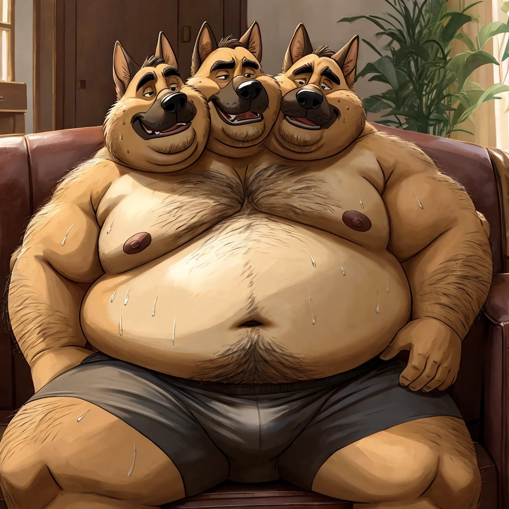 two heads one body, german shepherd, identical, tired, obese, fat, old, living room background, anatomically correct eyes, shirtless, nipples, underpants, navel, sweaty, hairy, gross, sitting on couch, Disney style, rugged style, dirty style