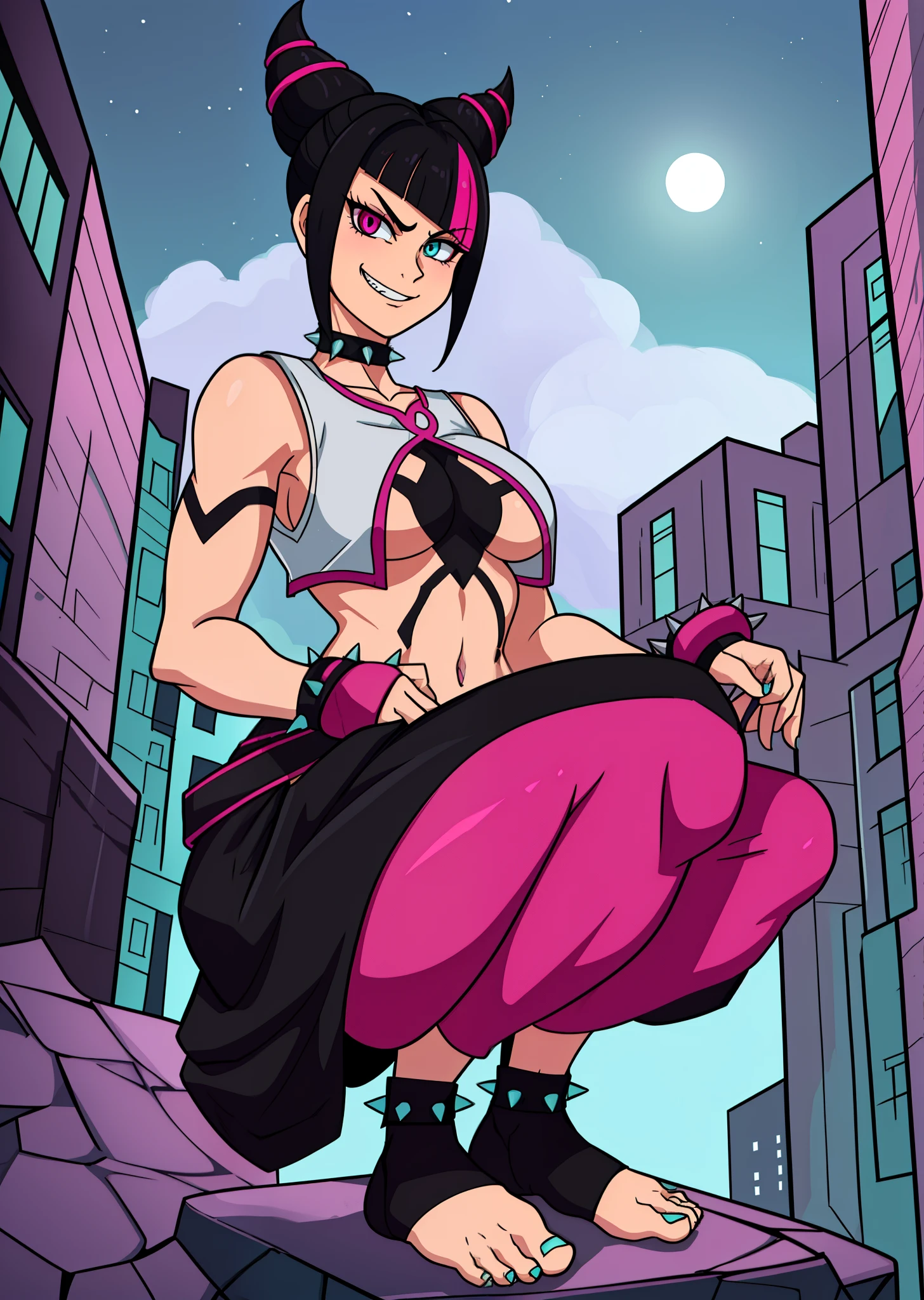 [juri], [SFVI], [street fighter 6], ((masterpiece)), ((HD)), ((high res)), ((solo portrait)), ((full body)), ((front view)), ((feet visible)), ((anime)), ((detailed shading)), ((intricate details)), ((cinematic lighting)), {(beautiful woman), (short black hair), (two toned hair), (pink highlights in hair), [hair horns], (cute eyes), (purple right eye), (cyan left eye), (two eye colors), (different colored eyes), (Heterochromia iridum), (short eyelashes), (pink nails), (small boobs), (defined muscles), (curvy hips), (beautiful legs), (beautiful feet), (smug grin)}, {(white vest), (underboob), (navel), (purple belt), (black baggy pants), (inner-thighs gap in pants), (thighs visible), (black panties visible), (black toeless socks), (spiky bracers), (spiky choker)}, {(squatting), (looking at viewer)}, [Background; (city streets), (skyscrapers), (nighttime), (starry sky), (full moon), (ambient lighting)]