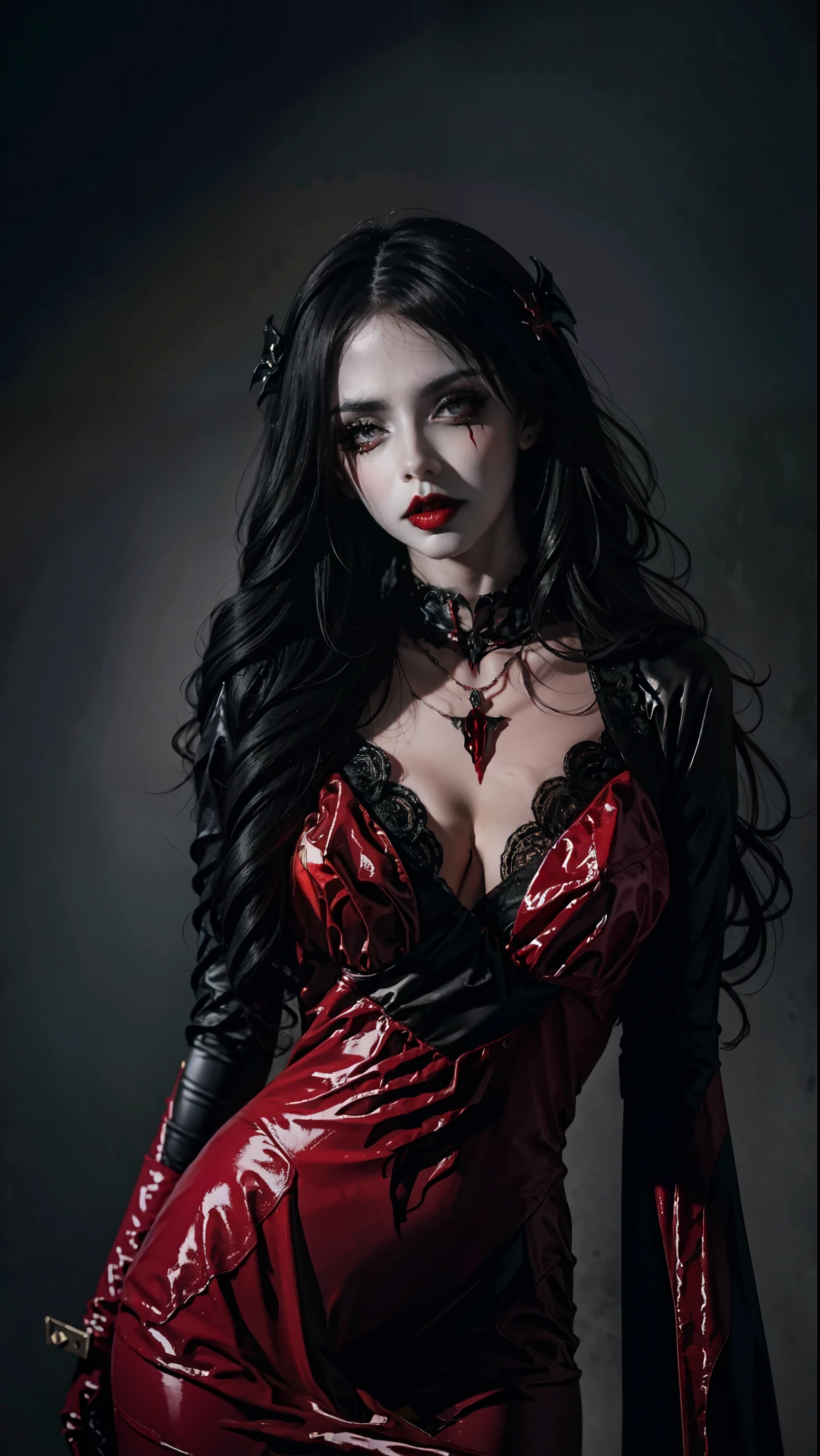Gothic woman with blood dripping from her mouth, beautiful vampire queen, Vampire girl, gothic horror vibes, Beautiful female vampire queen, The art in the style of Guvez, dark fantasy mixed with realism, androgynous vampire, Gothic shoujo anime girl, Gothic aesthetics, a woman vampire, gothic art style, Vampire fashion, [4K digital art]!，Stick out your tongue，Dripping blood