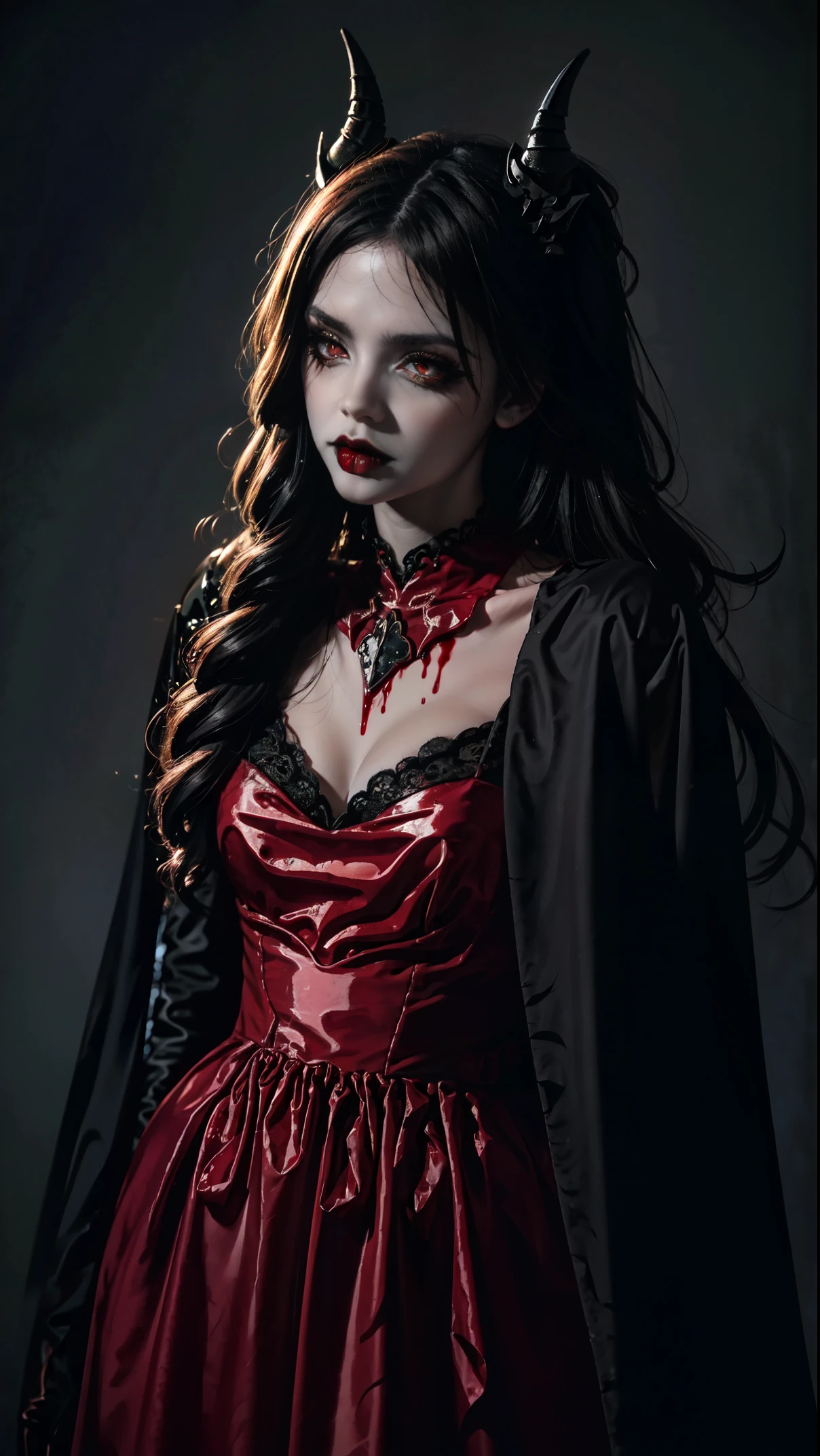 "a vampire with a pale complexion, black eyes without pupils, full red lips, a stream of blood on her chin, long flowing black hair, a long black dress with a red bow, in a gothic house"