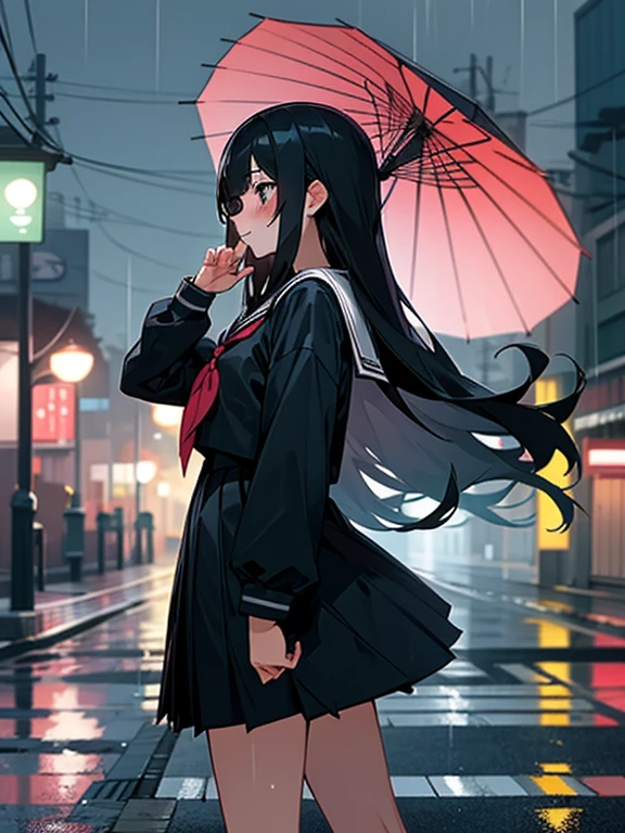 1 girl,solo,long hair, black hair, serafuku,long sleeves,In the rain, ((flustered)), (run:1.0), residential area,Residential area in Japan,I don't have an umbrella,wet,arm up,from side,