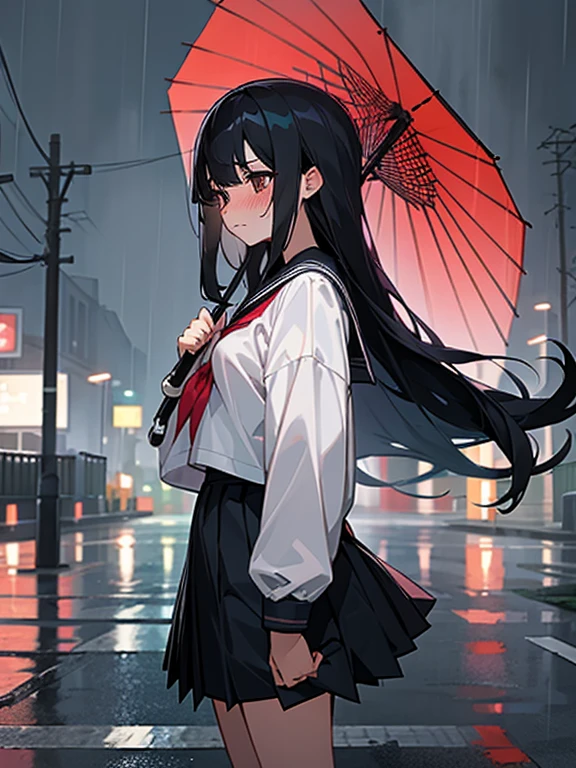 1 girl,solo,long hair, black hair, serafuku,long sleeves,In the rain, ((flustered)), (run:1.0), residential area,Residential area in Japan,I don't have an umbrella,wet,arm up,from side,