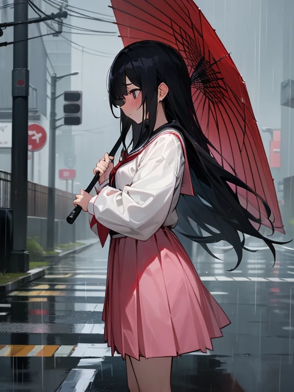 1 girl,solo,long hair, black hair, serafuku,long sleeves,In the rain, ((flustered)), (run:1.0), residential area,Residential area in Japan,I don't have an umbrella,wet,arm up,from side,
