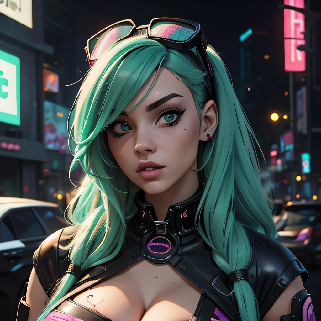 ((Best Quality, best resolution, award-winning portrait, official art)), ((perfect Masterpiece)), ((Realistic)) and ultra-detailed photography of a 1nerdy cyberpunk girl with goth and post apocalyptic colors. She has ((long mint colored hair)), wears a (Harajuku-inspired cyberpunk tech-wear top) and a (Harajuku-inspired cyberpunk tech-wear bottom:1.2) , ((the most beautiful and sexy aesthetic)), sexy, super huge enormously gigantic tits, cleavage showing, hot, sexy, seductive, slutty