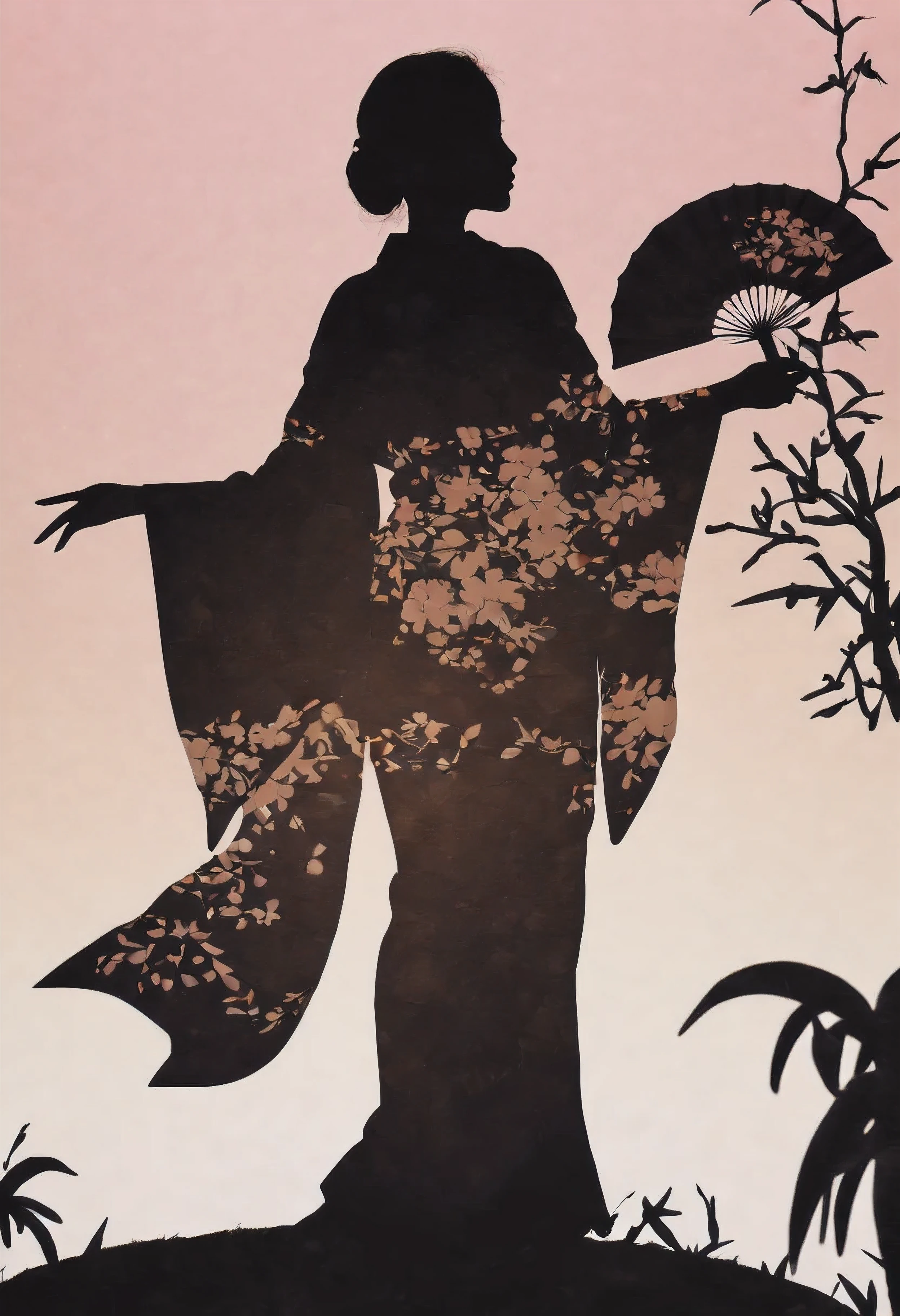 (Masterpiece in maximum 16K resolution:1.6), ((darkest_insane_silhouette_illustration):1.2),(intricate detail:1.4), (extremely insane detail:1.4),(highest quality:1.3),(Hyper_realistic:1.3). | Black and white, silhoutte art, female figure, elegant pose, flowing hair, graceful curves, subtle details, minimalistic background, soft lighting, delicate features, captivating composition, expressive eyes, slender silhouette, artistic interpretation. | ((silhoutte_of_pretty_Japanese_girl_in_a_kimono):1.5), sakura flower decorations, bamboo decorations, each sakura detailed and rendered with a masterful gouache technique, silhoutte art behance,surreal, It gives an exotic aura. | (perfect_fingers:1.0), (perfect_legs:1.0), better_hands, More_Detail.