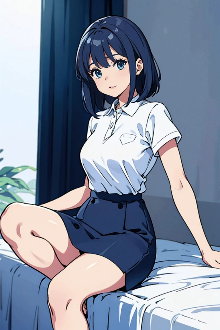 woman wearing a blue cotton pencil skirt, white half arm polo
