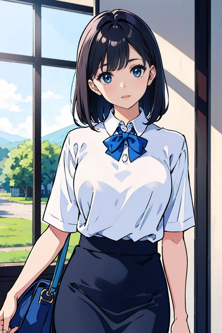 woman wearing a blue cotton pencil skirt, white half arm polo