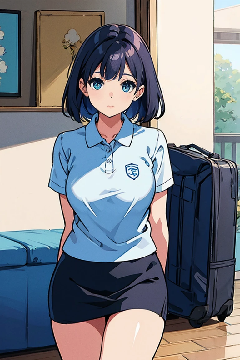 woman wearing a blue cotton pencil skirt, white half arm polo