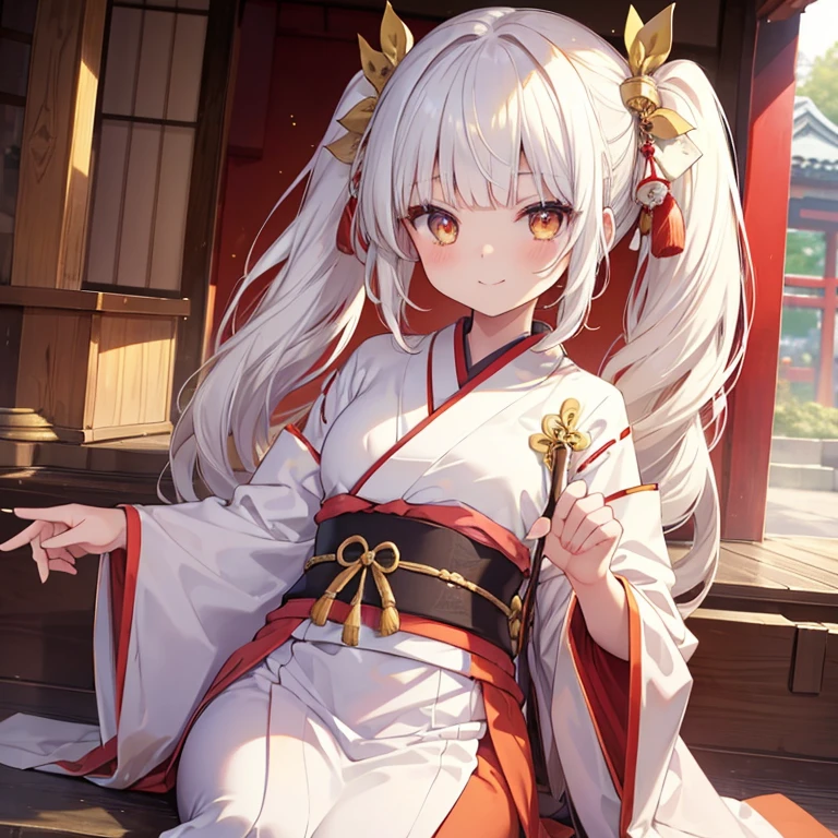 masterpiece, best quality, ultra detailed, girl, li, flat breast, white hair, long hair, low twin tails, blunt bangs, gold ribbon, gold eyes, smile, kimono, white and red clothes, japanese shrine, morning