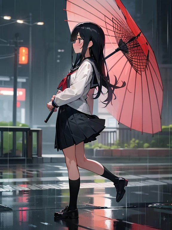 1 girl,solo,long hair, black hair, serafuku,long sleeves,In the rain, ((flustered)), (run:1.0), residential area,Residential area in Japan,I don't have an umbrella,wet,arm up,from side, full body
