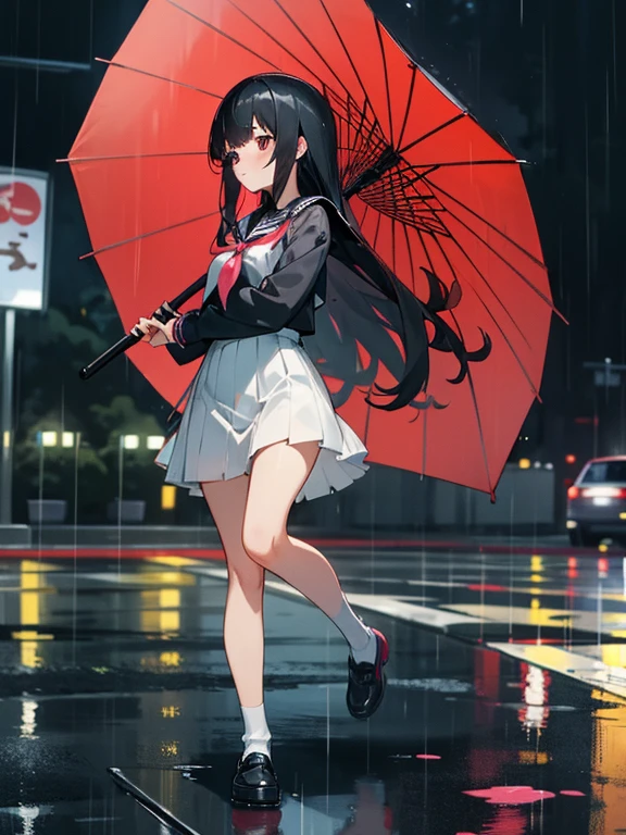 1 girl,solo,long hair, black hair, serafuku,long sleeves,In the rain、flustered,run,residential area,Residential area in Japan,I don't have an umbrella,wet,arm up,full body
