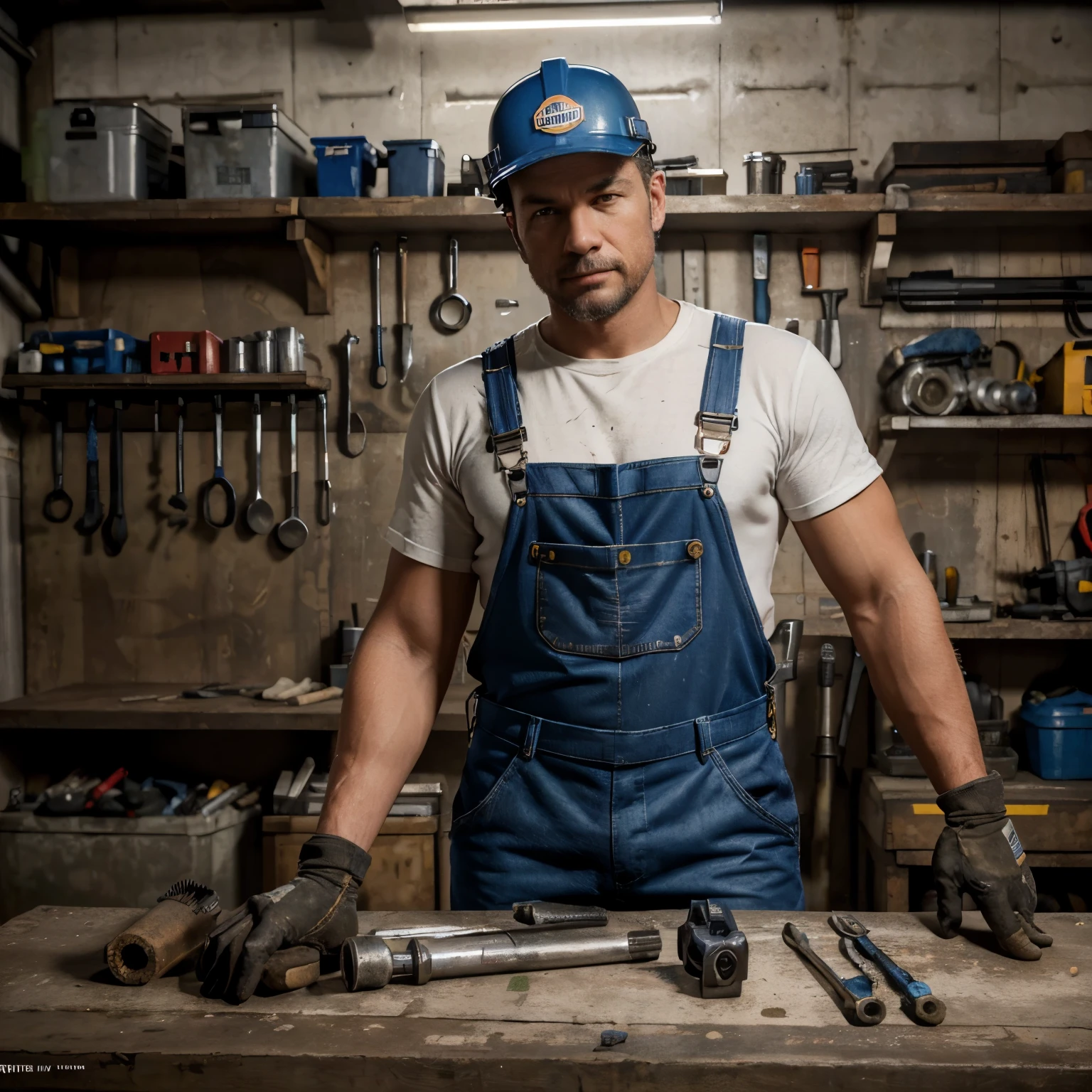 (best quality, highres:1.2), ultra-detailed, realistic:1.37, mechanic maintenance technician outfit, tools, blue overalls, dirty hands, a wrench, a screwdriver, a toolbox, a safety helmet, gloves, work boots, a workbench, metal workshop, a well-lit background