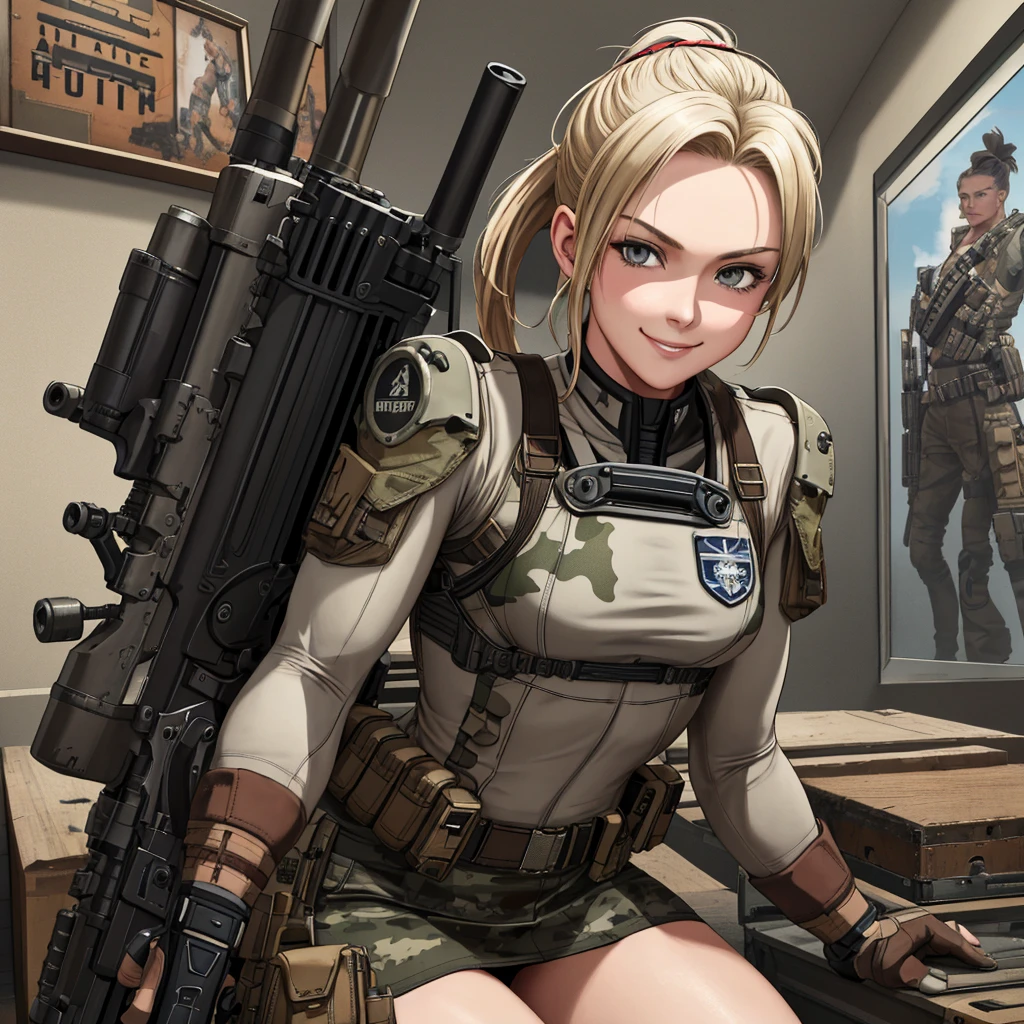 Dieselpunk AI fighter mech background, in front of Portrait of American shot, very beautiful woman, blonde, with a ponytail, light gray eyes, sweet face, looks at the camera mischievously, incipient smile, small chest, bending down to pick up the rifle, sexy posture, dressed in a camouflaged bikini and miniskirt in earth and brown tones.
