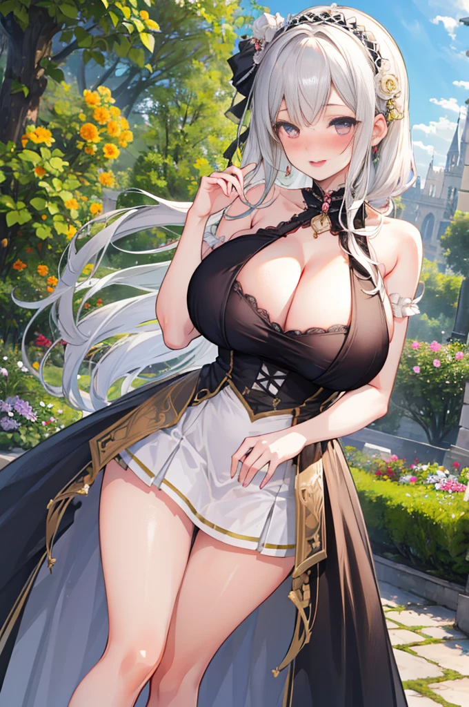 perfect human body,1 girl, (very highly detailed background,garden), clavicle,European classical,victorian style skirt,((woman with fever)), huge tits,Smile, (blush blush:1.2),