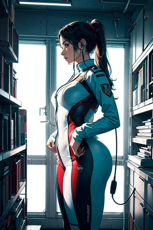 solo female priestess, female beautiful perfect body, corporation corporative style, bright, futuristic, fullbody, uniform sexual blue-green red, white sunlight rays interior lab, high tech lab with plants books beautiful futuristic, face profile sweet cute perfect, soviet poster epic positive style, super detailed, masterpiece, hq, 4k, high detalisation, sexual positive fun, semitransparent, side view walk, headset, device, cables, ponytail