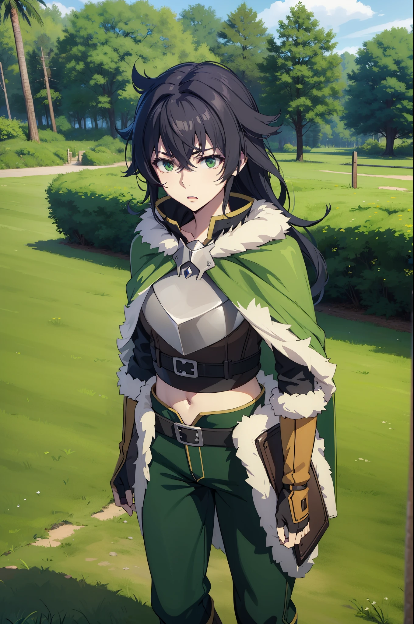 (masterpiece), best quality, expressive eyes, perfect face, highres, 1 girl, solo, (female body:1.3), iwatani naofumi girl, black hair, long hair, green eyes, fur trim, armor, green cape, pants, fingerless gloves, surprised expression,, outdoor, forest, trees, standing, portrait, looking at the viewer