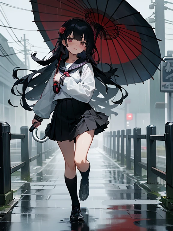 1 girl,solo,long hair, black hair, serafuku,long sleeves ,In the rain、flustered,((run)),residential area,Residential area in Japan,(((I don't have an umbrella))), wet, arm up, full body
