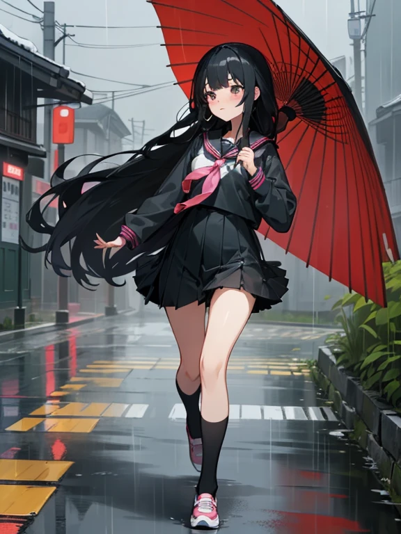 1 girl,solo,long hair, black hair, serafuku,long sleeves ,In the rain、flustered,((run)),residential area,Residential area in Japan,(((I don't have an umbrella))), wet, arm up, full body
