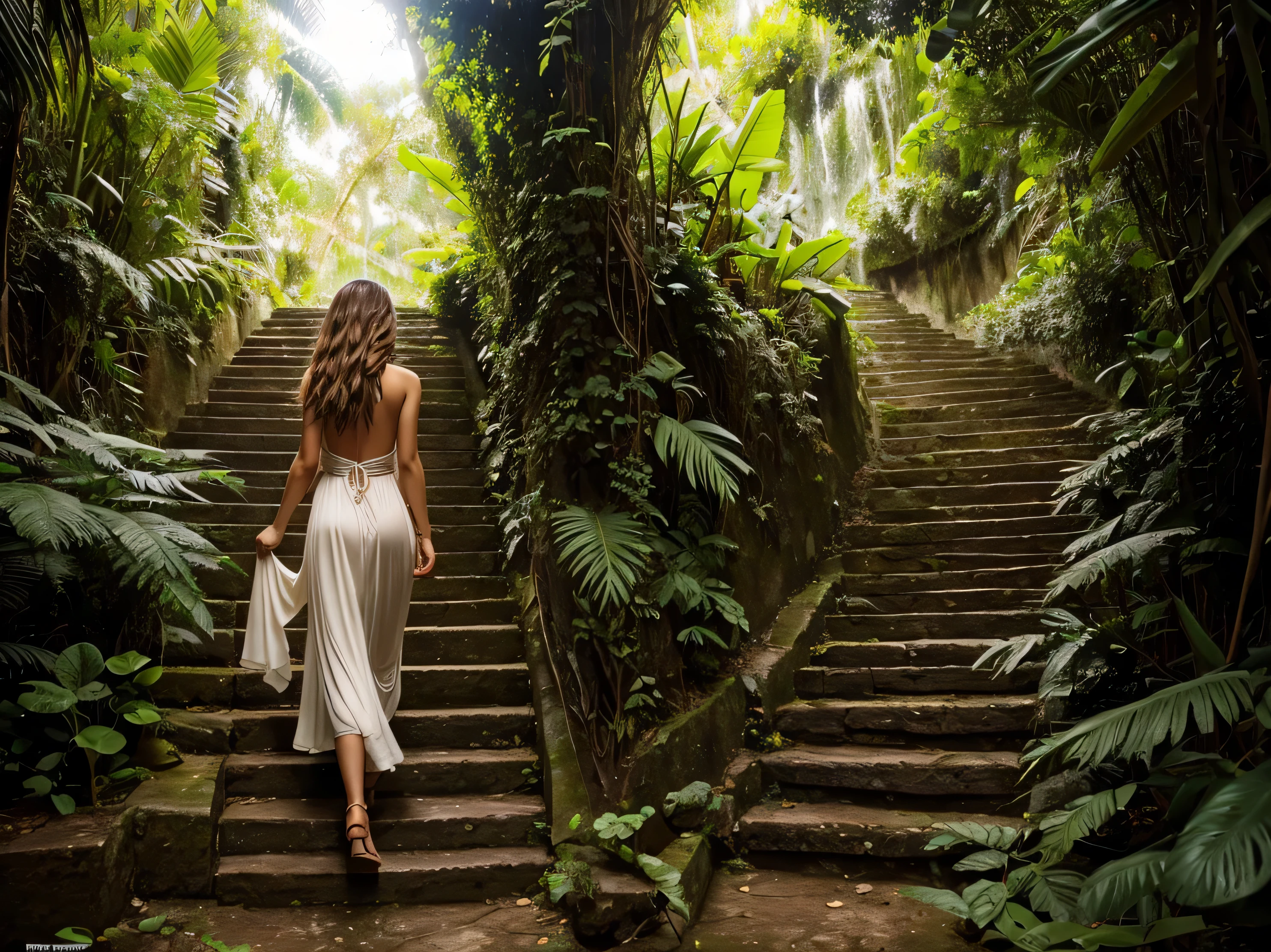 Ana de Armas and lion descending stairs in the jungle in royo fine art style. Vista completa. andando
