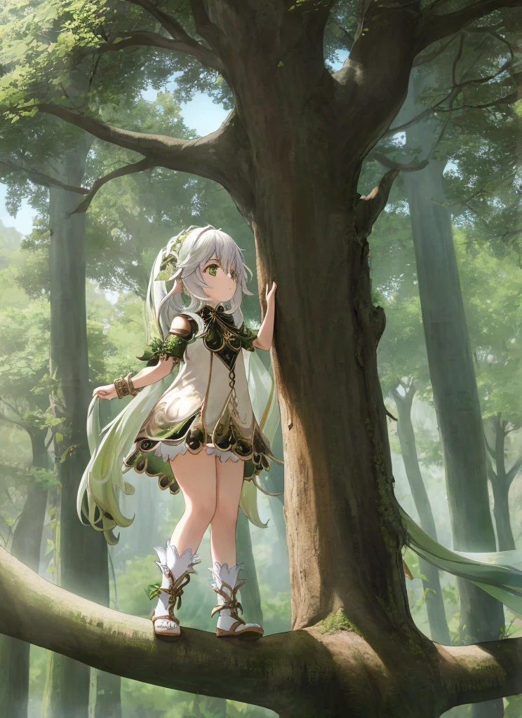 Nahida stands below an enormous tree, as she looks up into the branches at a mystical space that seems to open into another world