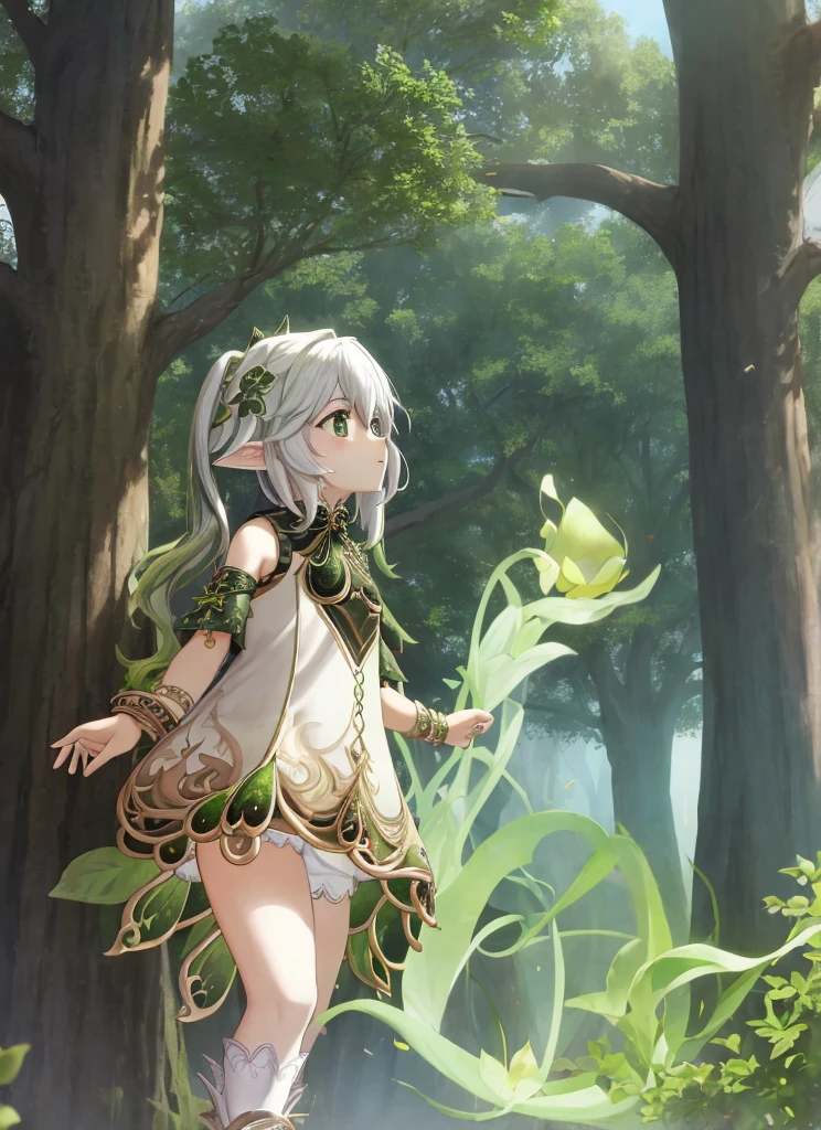 Nahida stands below an enormous tree, as she looks up into the branches at a mystical space that seems to open into another world