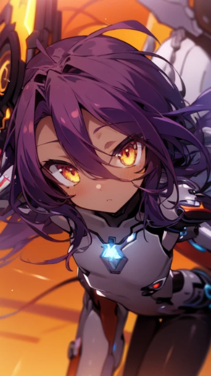 Masterpiece, Top quality, high resolution, highres, 8k, best quality, HD, child, 1 male, shota, cute, innocent, ((dark skin)), orange eyes, otokonoko, long dark brown hair in a side-swept style smooth, thicc thighs, wearing an a black fullbody bodysuit, exosuit armour parts, armour exosuit baggy leggings, gauntlets, cute artstyle, stand still, close up, (Shuvi), (deus ex machina race), (no game no life),