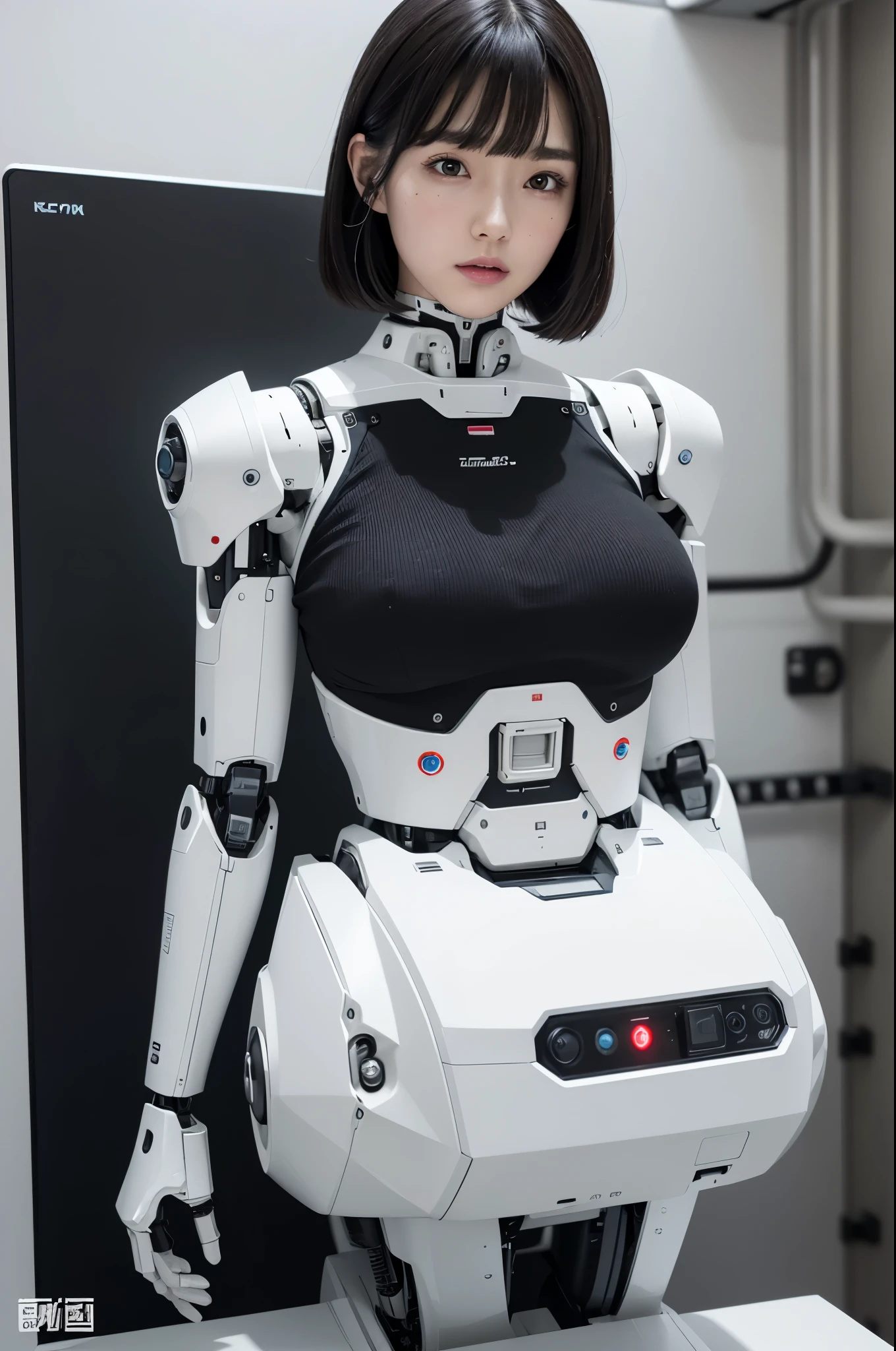 masterpiece, best quality, extremely detailed, (8K, 4K, Best Quality, hight resolution, 超A high resolution:1.1), (masutepiece, Realistic, Photorealsitic:1.1),8k portrait, Japaese android Girl,Plump , announcer,control panels,android,Droid,Mechanical Hand, Robot arms and legs, Black Robot Parts,Black hair,Mechanical body,Blunt bangs,perfect mechanical abdomen,White robotics parts,perfect robot woman,future laboratory,cyber pank,charging spot,laboratory,long tube,thick cable connected her neck,ceramic body ,perfect mechanical body, white robot body,lod antenna,mechanical ear cover,android,robot humanoid,black sponge joints,The removable cover is in the groin,The connection port is in the groin,opened chest panel,access panel on the chest,opened breast panel,perfect mechanical breast,white machine body,white robot body,white ceramic breast,perfect plastic breast,She has repaired,assembly plant,miniskirt,black boots
