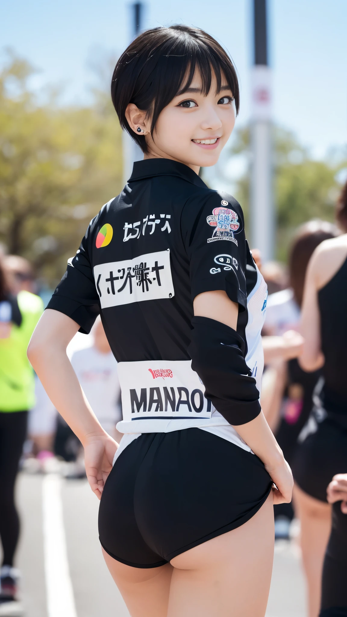 Best-quality, Masterpiece, Ultra-High-Resolution, (Photorealistic:1.4), Raw-Photo, Extremely-Details, Perfect-Anatomy, 1girl, 18-years-old, the most famous Japanese idol, (running at marathon competition, (((wearing only colorfu-marathon-uniform with cute-design)))), innocent smile, ((upturned ass)), ((extremely cute face like a most popular Japanese idol, extremely beautiful big-black-solid-circle-eyes, extremely beautiful black-short-cut-haired)), extremely beautiful skinny-body, extremely beautiful thighs, detailed marathon-competition, detailed colorful-marathon-uniform-with-cute-design