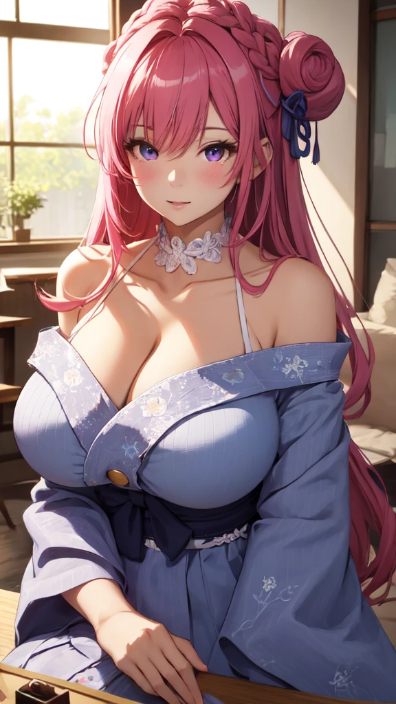 8K、quality、on the table、super high image quality、Super detailed、Super beautiful、Ultra-realistic hair textures、anime illustration、Surreal sensibility、Whole body ESBIAN、mesmerizing looks、shave 、Off-the-shoulder blue yukata、beautiful woman, red eyes、Skin glows、Very huge、Red lace breasts are super big、Skin glows 、clean skin、Japanese style room with daytime background, Big breasted 1.5,blush,