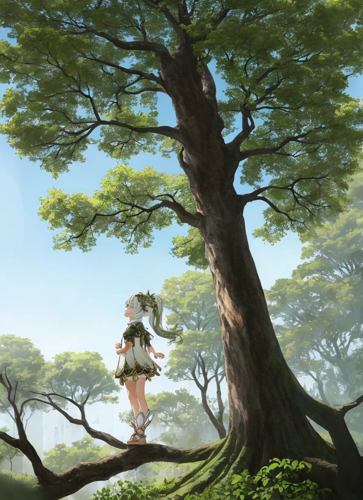 Nahida stands on the ground below an enormous tree that towers far above her, looking up into the branches at a mystical space that seems to open into another world