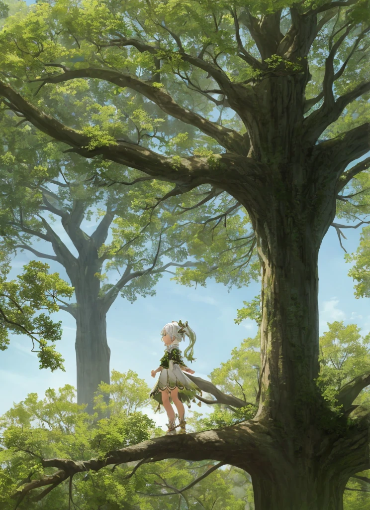 Nahida stands on the ground below an enormous tree that towers far above her, looking up into the branches at a mystical space that seems to open into another world