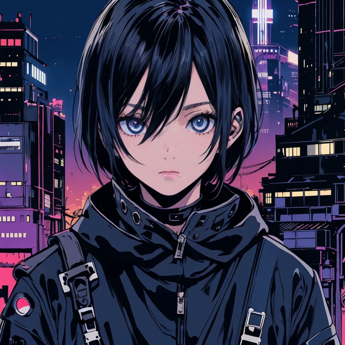 ciberpunk, cidade, 1 menino, cabelo preto, olhos pretos, ciborgue