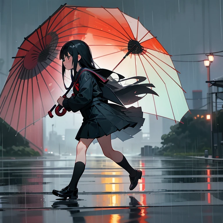 1 girl,solo,long hair, black hair, serafuku,long sleeves ,In the rain、flustered,((run)),residential area,Residential area in Japan,(((I don't have an umbrella))), wet, arm up, full body, from side,
