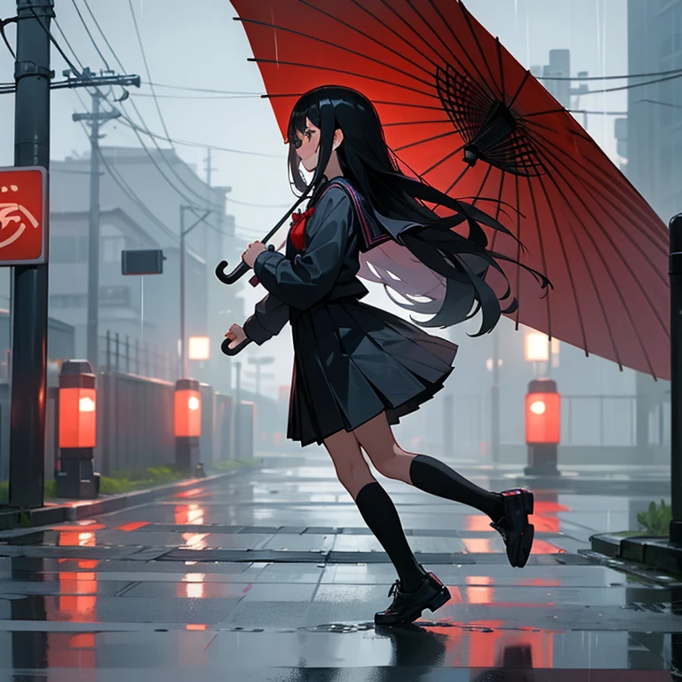 1 girl,solo,long hair, black hair, serafuku,long sleeves ,In the rain、flustered,((run)),residential area,Residential area in Japan,(((I don't have an umbrella))), wet, arm up, full body, from side,