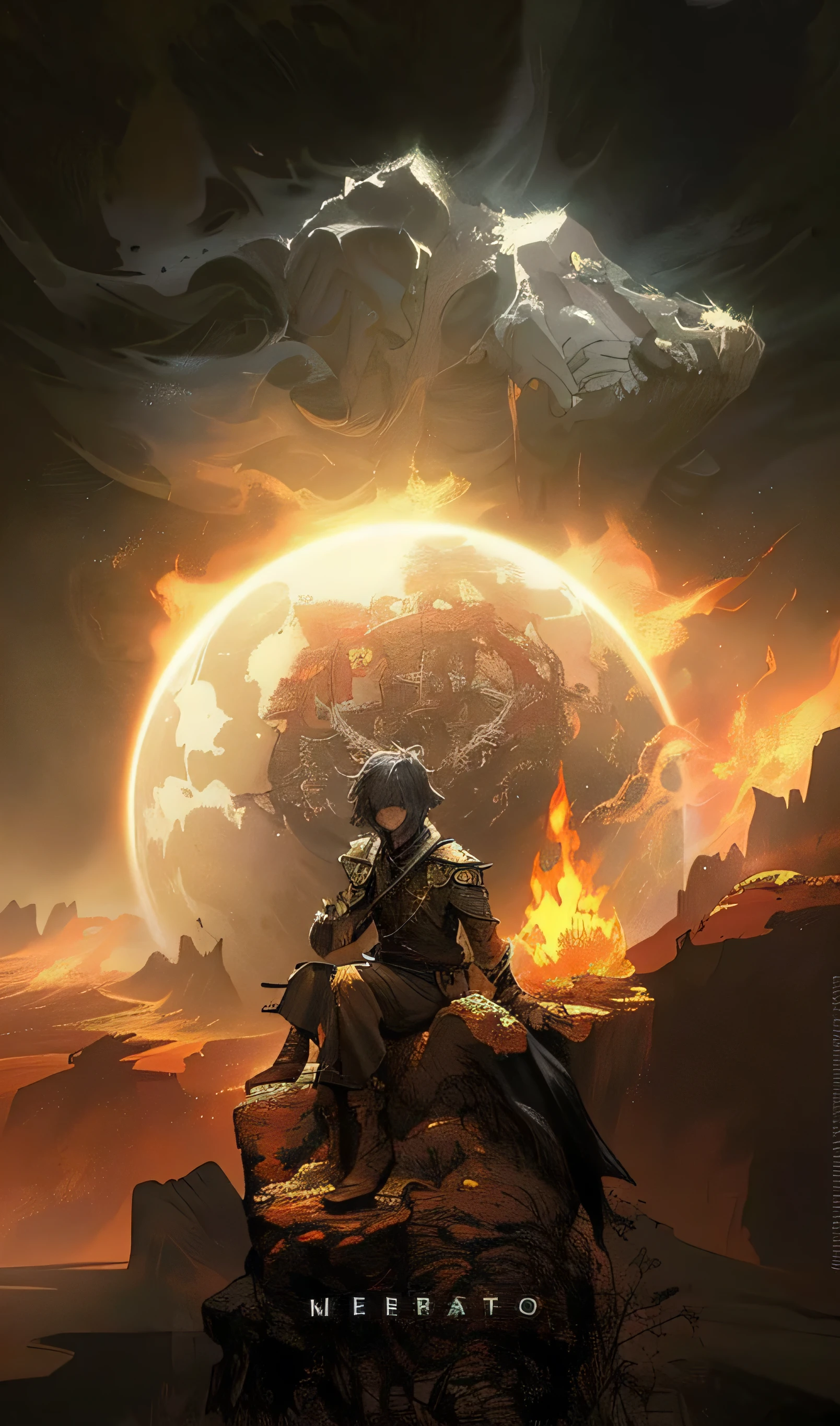 a close up of a person sitting on a rock with a fire in the air, by Johfra Bosschart, apocalypse art!!!!, dramatic fantasy art, apocalypse art, amazing d & d dark sun art, epic fantasy sci fi illustration, epic scifi fantasy art, dramatic concept art, apocalyptic fantasy, the world on fire, fantasy epic digital art, epic fantasy digital art