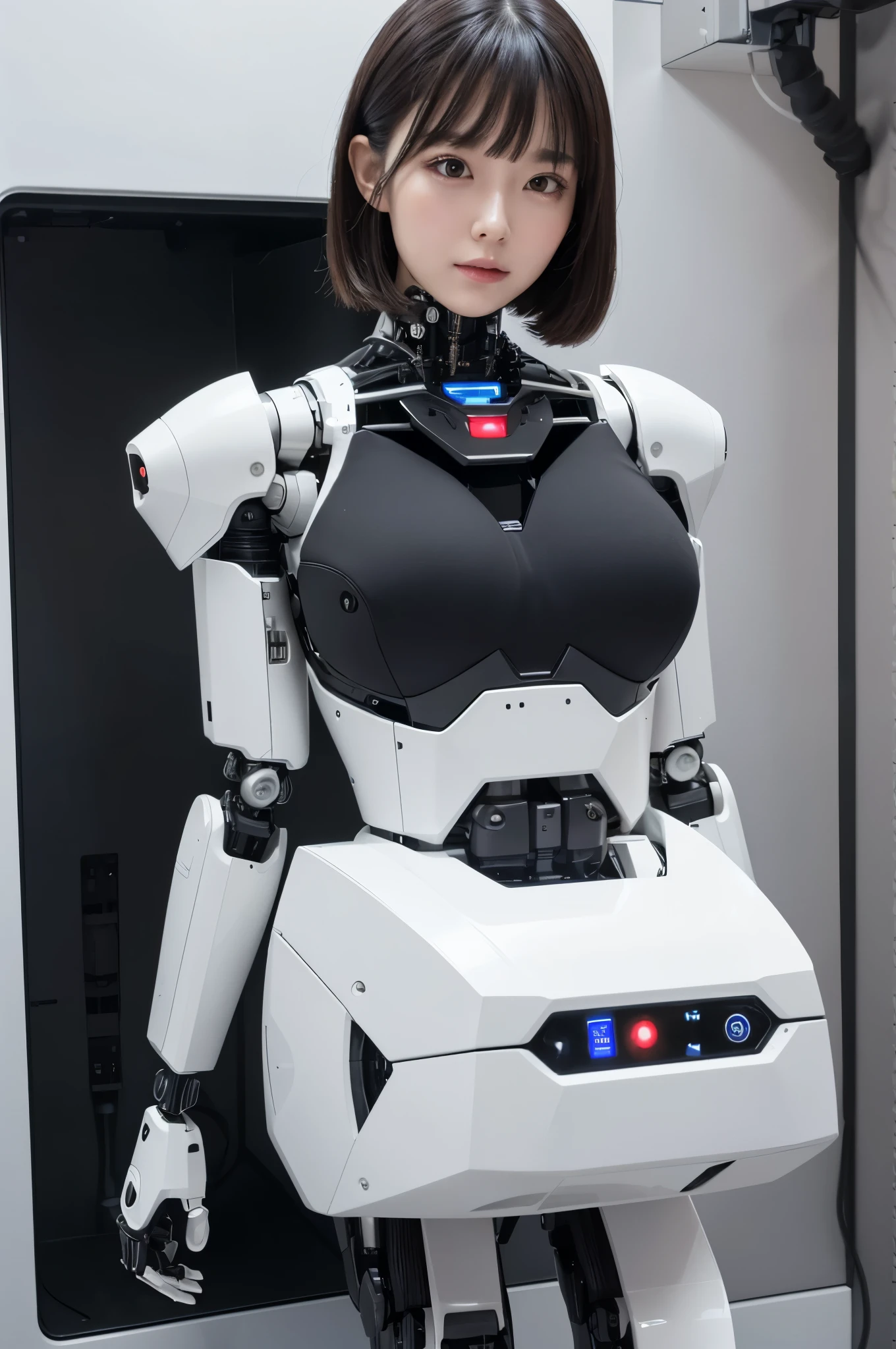 masterpiece, best quality, extremely detailed, (8K, 4K, Best Quality, hight resolution, 超A high resolution:1.1), (masutepiece, Realistic, Photorealsitic:1.1),8k portrait, Japaese android Girl,Plump , announcer,control panels,android,Droid,Mechanical Hand, Robot arms and legs, Black Robot Parts,Black hair,Mechanical body,Blunt bangs,perfect mechanical abdomen,White robotics parts,perfect robot woman,future laboratory,cyber pank,charging spot,laboratory,long tube,thick cable connected her neck,ceramic body ,perfect mechanical body, white robot body,lod antenna,mechanical ear cover,android,robot humanoid,black sponge joints,The removable cover is in the groin,The connection port is in the groin,opened chest panel,access panel on the chest,opened breast panel,perfect mechanical breast,white machine body,white robot body,white ceramic breast,perfect plastic breast,She has repaired,assembly plant,miniskirt,black boots