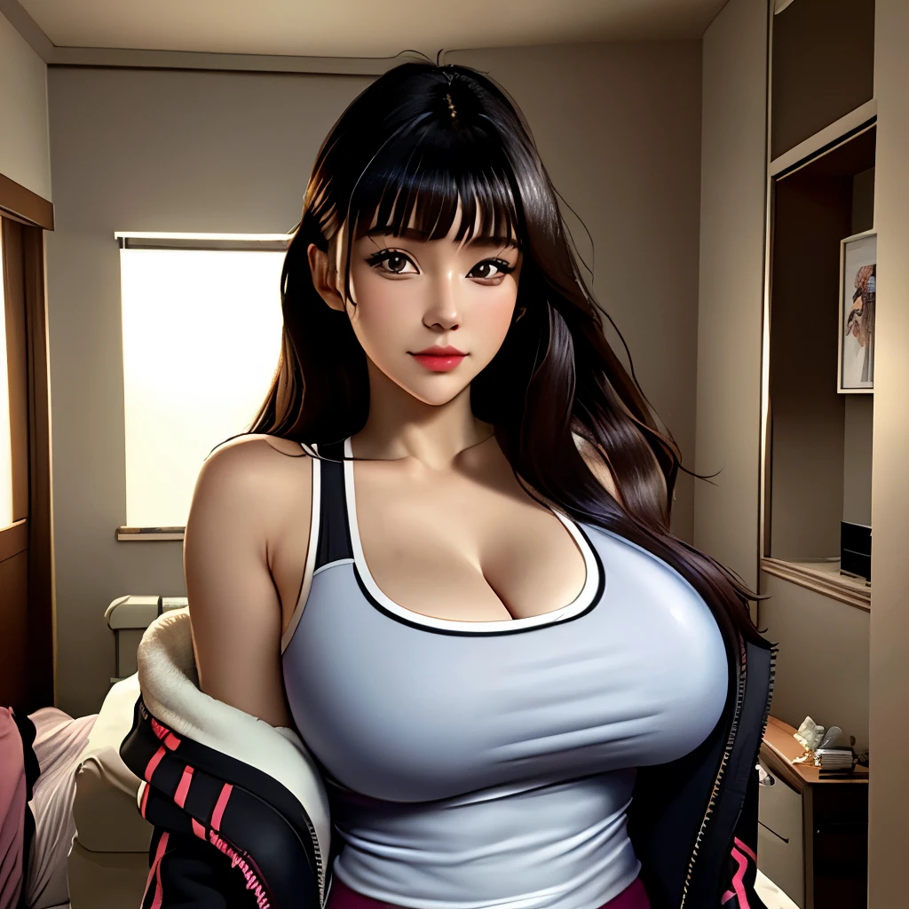 Masterpiece, highres, high Quality, detailed face, detailed body render, 1girl, solo, hyuuga hinata, hinata-sleeveless-outfit, large breasts, big breast, sleeveless shirt, shirtless, fishnet top, dark lips, unzipped jacket, no bra, breasts out, nipple, standing, blushes, (on bedroom)