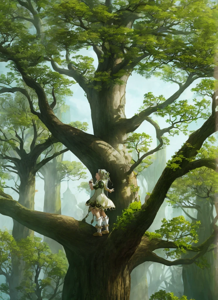 Nahida stands on the ground below an enormous tree that towers far above her, looking up into the branches at a mystical space that seems to open into another world