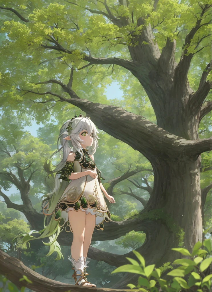 Nahida stands on the ground below an enormous tree that towers far above her, looking up into the branches at a mystical space that seems to open into another world