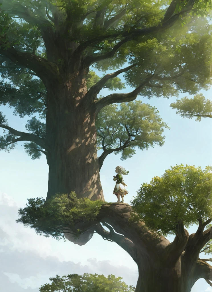 Nahida stands on the ground below an enormous tree that towers far above her, looking up into the branches at a mystical space that seems to open into another world
