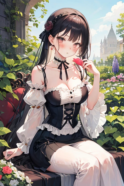 perfect human body，1 girl， (Very detailed background，garden), clavicle，European classical，victorian style skirt，((woman with fever)), , (blush:1.2),high tea，