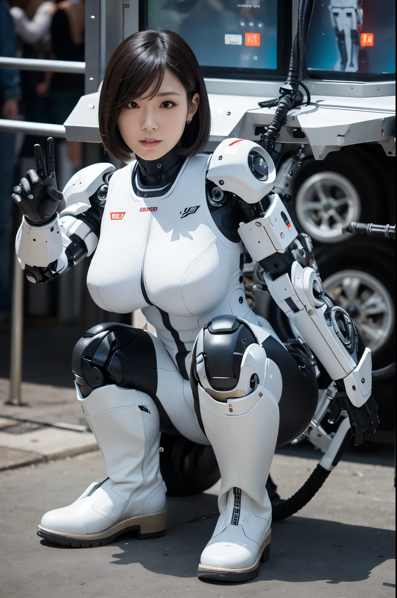 Best Quality,masutepiece,1womanl, Japanese cyborg woman,fullbody image ,Plump , White boots,announcer,control panels,activate,Squat,android,droid,Mechanical Hand,White clothes, body suit,Taut_Clothes,medium breasts,clothes with a sense of mechanical technology, Robot arms and legs, Black Robot Parts,blac hair,Short hair,tube dress,