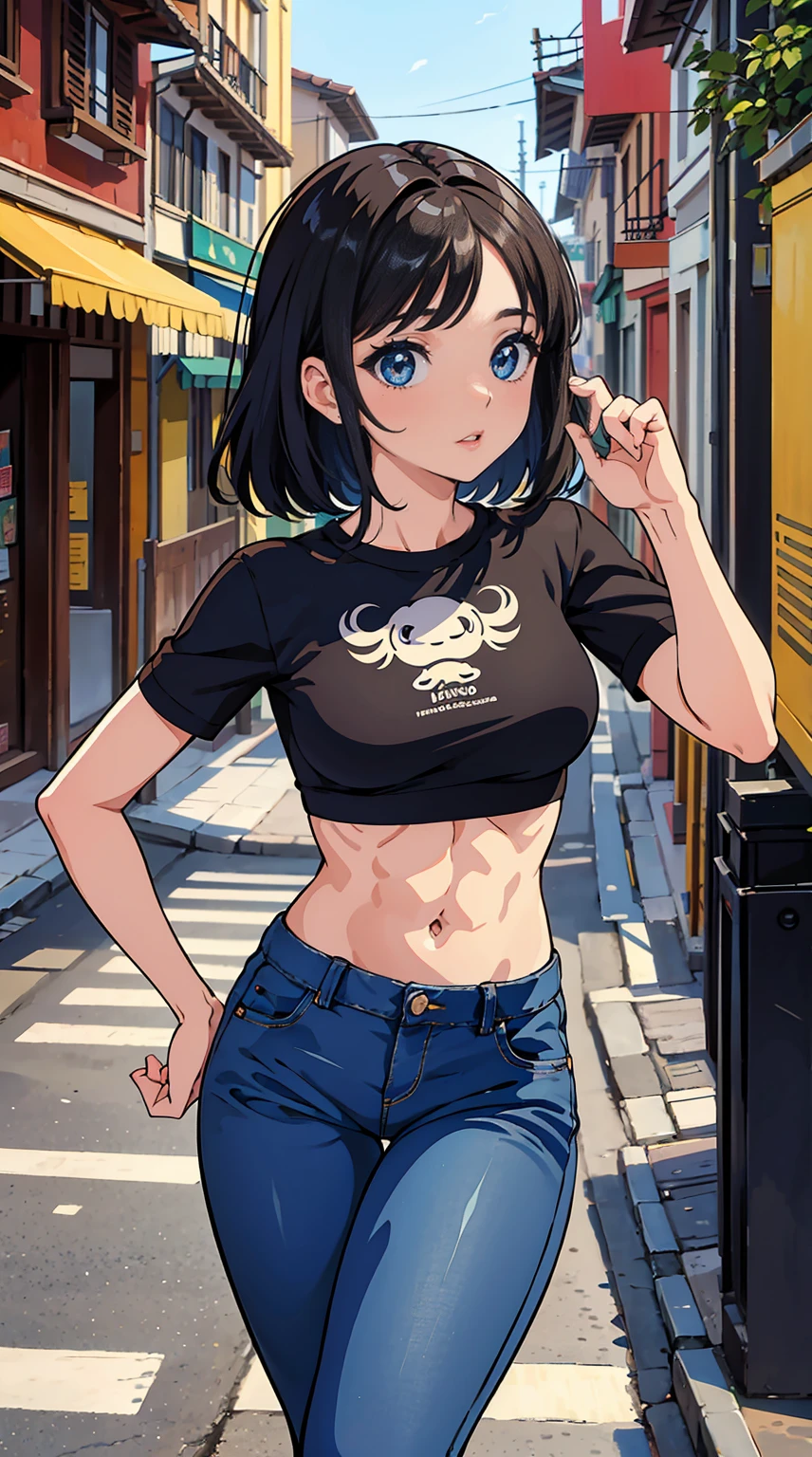 masterpiece、Highest quality、Very detailed))、One girl、Black Hair、Black Hair、short hair、twintails、Grey Eyes、evil smile、((Grin))、((lots of piercings))、((Small breasts))、((white camisole))、((denim short shorts))、thighhighs、Cowboy Shot、Shoot from below、Alley Background