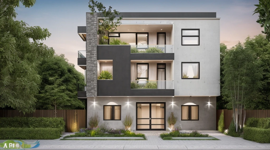 RAW photo,Masterpiece, high quality, best quality, authentic, super detail,
exterior, house style modern on the garden with glass windows, glass doors,stains, balcony, railing glass
the style of dark gray and bronze,bold black outlines, clean lin,modernism,Realistic reflexes,realistic light, beautiful summer sky, trees, grass
(day:1.1), vivid colour, vray