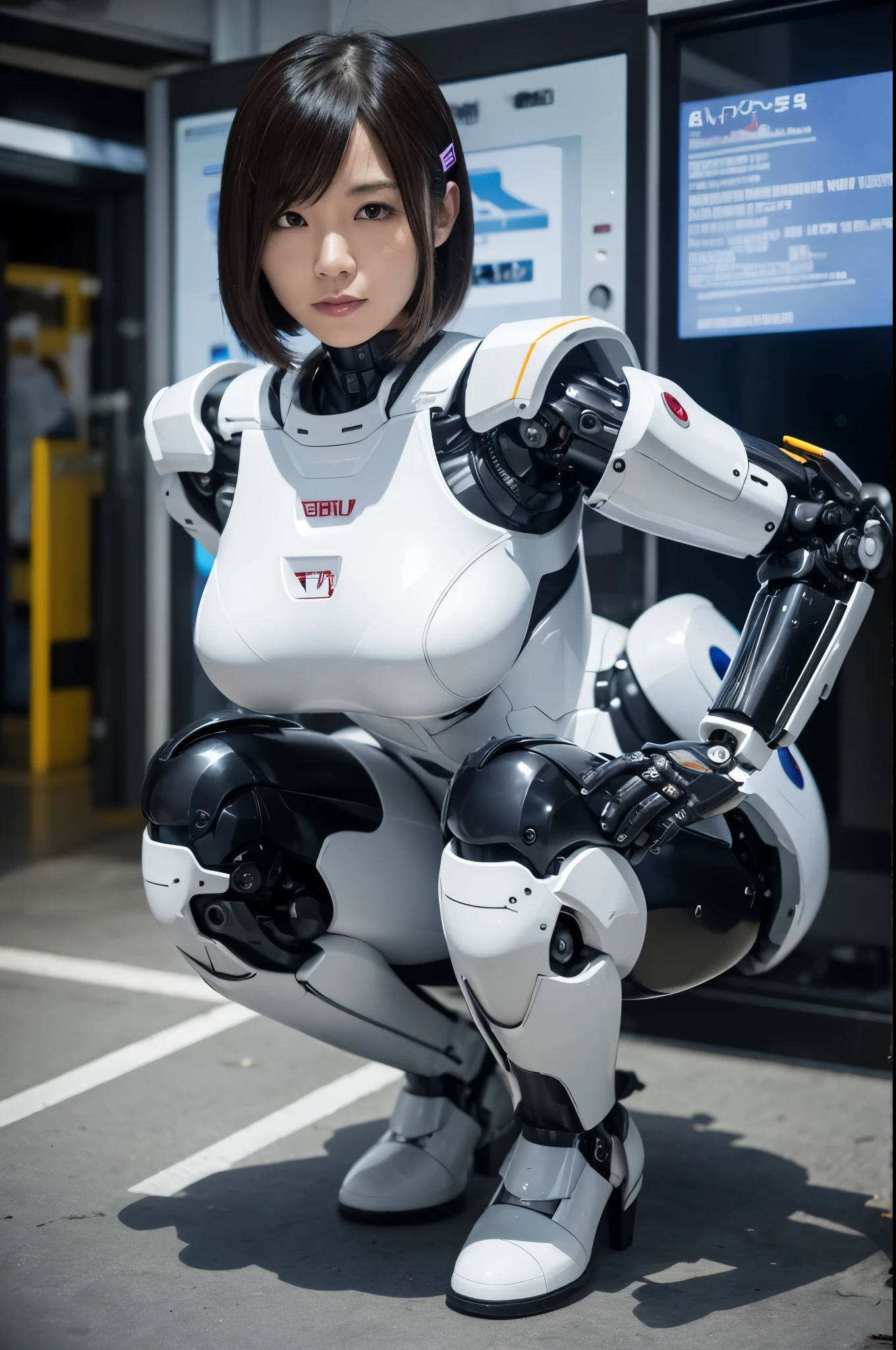 Best Quality,masutepiece,1womanl, Japanese cyborg woman,fullbody image ,Plump , White boots,announcer,control panels,activate,Squat,android,droid,Mechanical Hand,White clothes, body suit,Taut_Clothes,medium breasts,clothes with a sense of mechanical technology, Robot arms and legs, Black Robot Parts,blac hair,Short hair,tube dress,