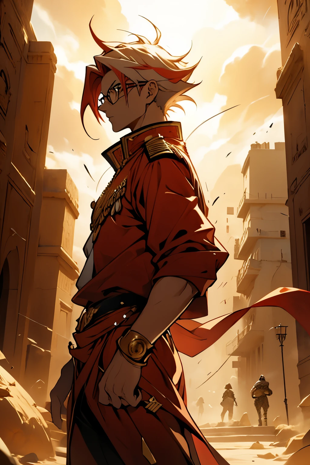 a pharaoh with red and white hair, olhos castanhos, vestindo um uniforme militar amarelo, olhando para o horizonte em meio de uma cidade de areia desmoronando. He is standing, floating outfit holding a golden shield with one hand, estilo de arte de yugioh, dramatic lighting, altamente detalhado, roupa amarelas, military theme, rosto detalhado, cabelos brancos, dynamic lighting, wearing glasses, cabelo fluido